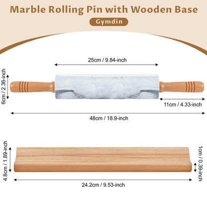 Gymdin Marble Rolling Pin - 18.9" Marble Rolling Pins for Baking, Pastry, Pizza Dough & More - Polished Non-Stick Surface, Long Dough Roller with Wooden Handles & Base