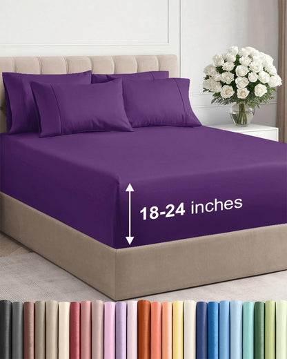 Skiennix Extra Deep King Sheet Set - 6 Piece Breathable Cooling Bedding - Soft, Wrinkle-Free Purple