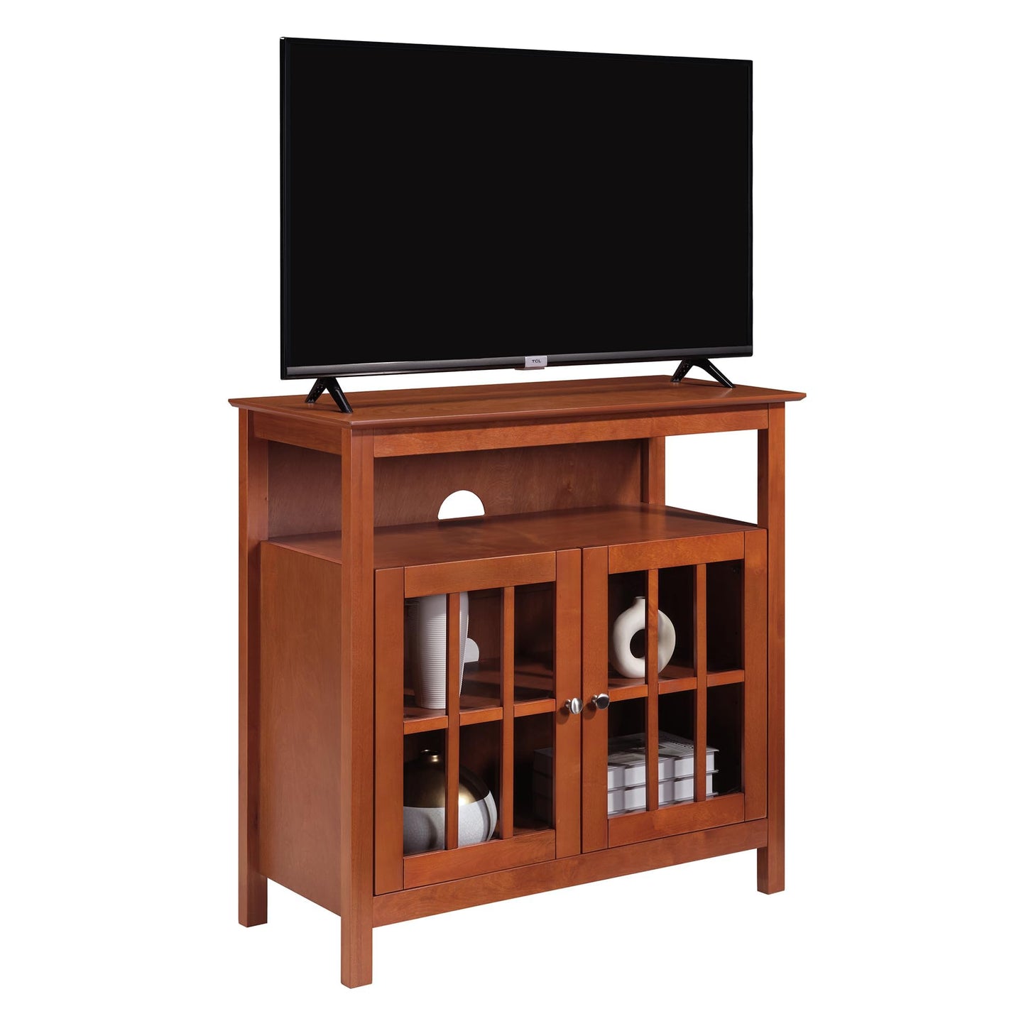 Convenience Concepts Big Sur Highboy TV Stand 36" - Modern Entertainment Center For TVs up to 40", Storage Cabinet for Dining, Living Room, & Entryway, Console Hall Table with Shelves, Cherry