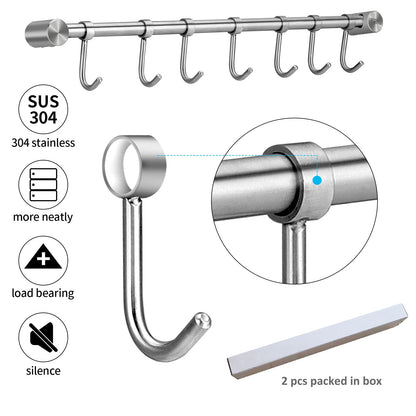 Pot Hangers 2 Pack - 16 Inch Wall Mount Or Under Cabinet Hanging Bars With 7 Sliding Hooks Per Rods, Heavy Duty Pot Rack Kitchen Organizer 304 Stainless Steel Utensil Hanger Versatile Space Saving