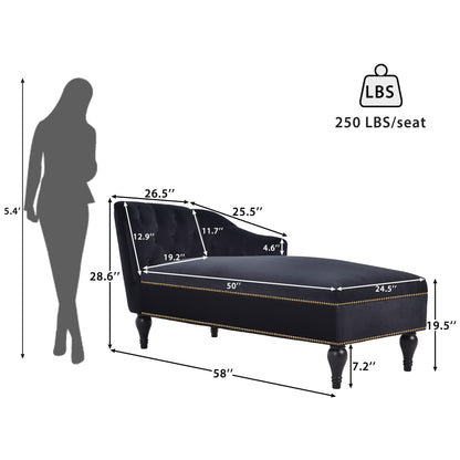 GDFStudio 58" Upholstered Chaise Lounge Chair Indoor, Modern Velvet Lounge Chaise with Button Tufted Arm, Nailhead Trim & Solid Wood Legs, Sleeper Bed Recliner Chair for Living Room Bedroom, Black