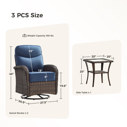 Luxury Outdoor Swivel Rocker Patio Chairs with 6-Inch Thick Cushions, High Back Swivel Glider Patio Chairs, 3PCS Wicker Outdoor Furniture Set for Porch, Patio, Yard, Deck, Poolside, Brown/Blue
