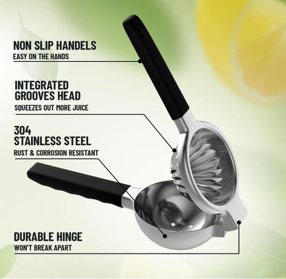 Lemon Squeezer Stainless Steel - Manual Citrus Juicer Large, Metal Lime Squeezer Hand Press, Orange Juice Extractor with Non-Slip Grip, Dishwasher Safe - TUISWO (Silver/Black)
