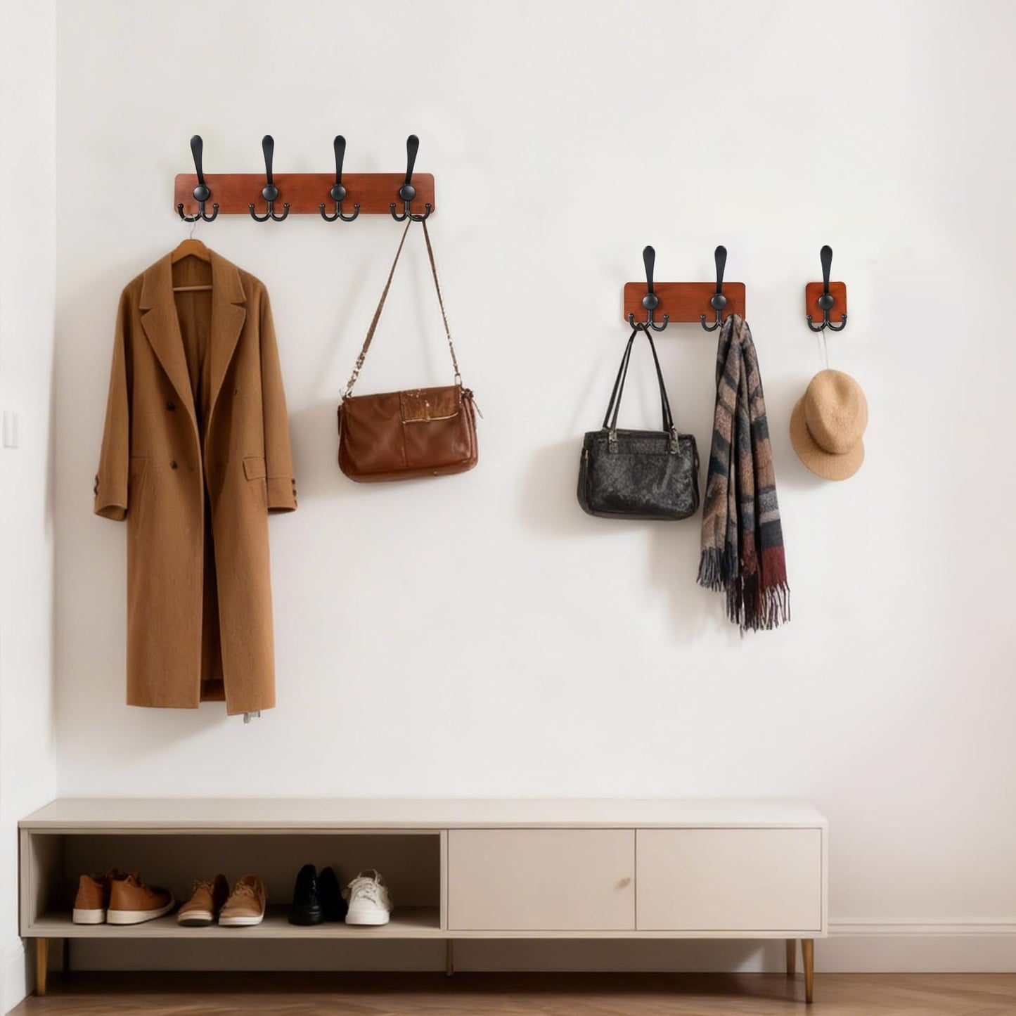 evory Wooden Coat Rack Wall Mount Heavy Duty,4 Pack Coat Hanger Wall Mount with 8 Triple Hooks for Clothes, Jacket, Hat, Keys, Space Saving Entryway Organizer for Mudroom