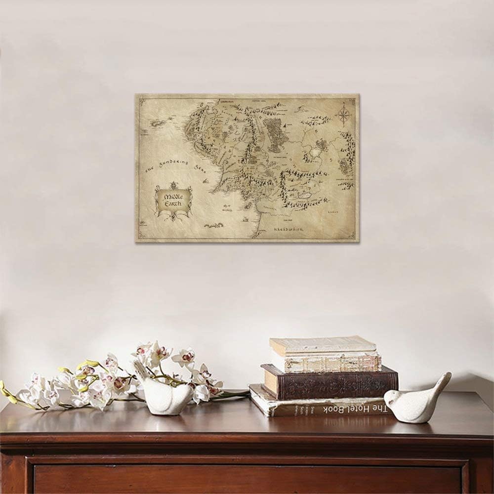Vinatge Wall Art Picture Canvas Painting Map of Middle Earth by Yatsen Bridge, HD Print, 12" Hx16" W