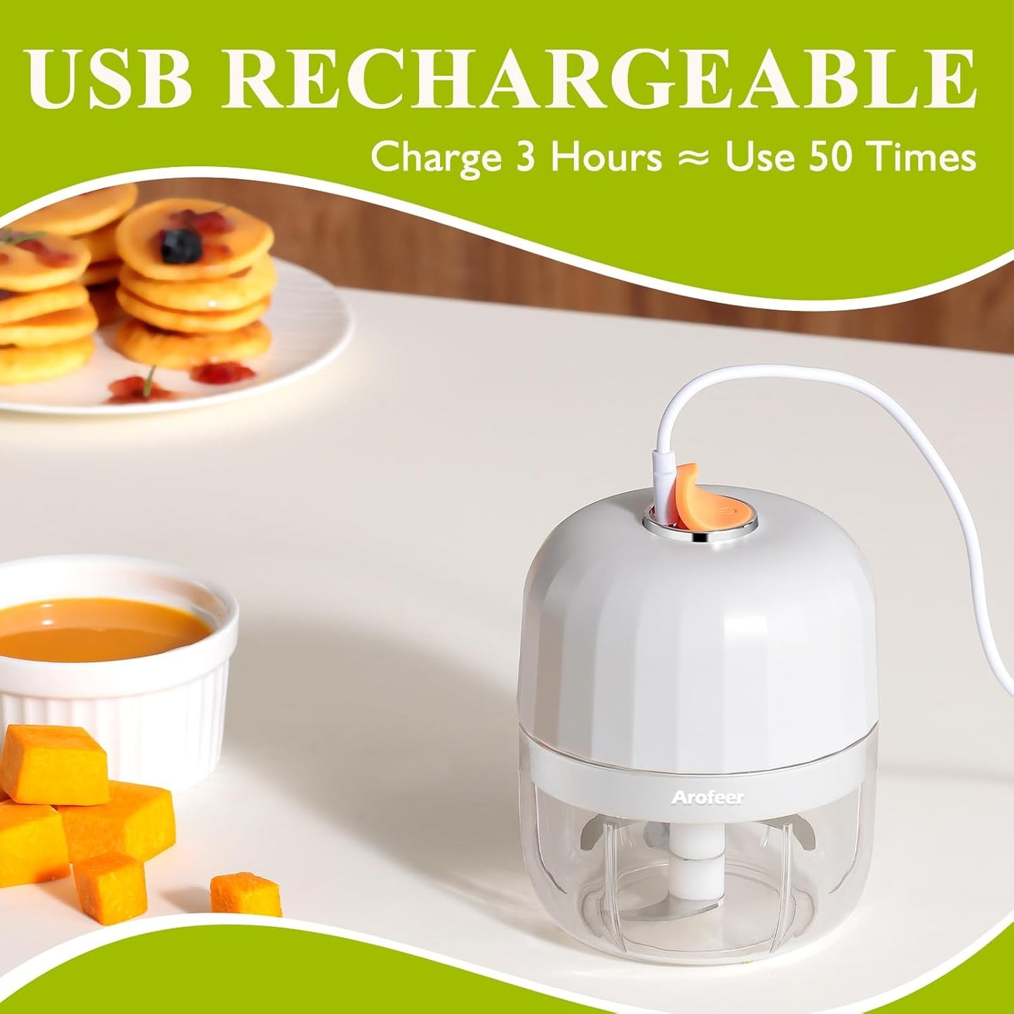 Electric Garlic Chopper 250ml, Mini Cordless Food Processor with 304 Stainless Steel Blade