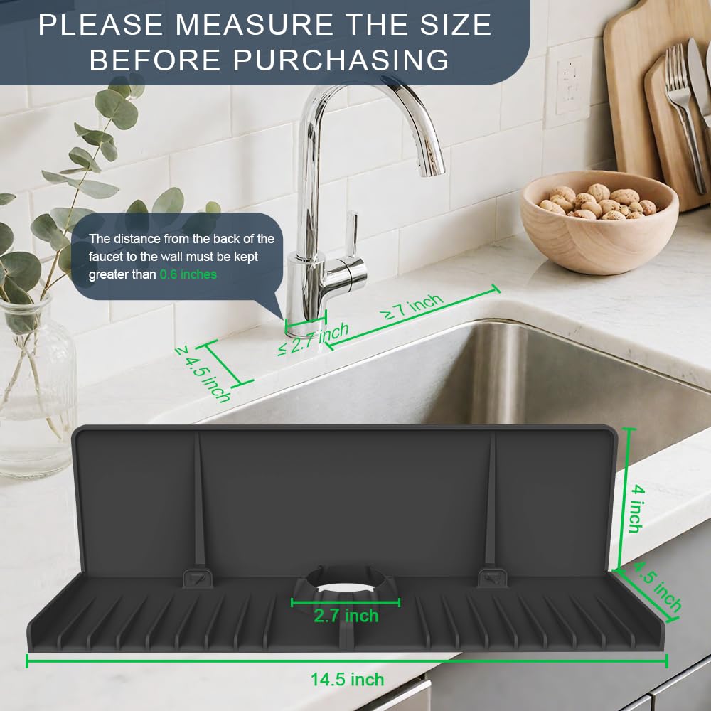 Silicone Faucet Drip Catcher Tray Mat - Upgraded Design - Sink Backsplash Guard Behind Faucet, Silicone Faucet Mat for Dish Soap Sponge Holder, Kitchen Counter Bathroom Kitchen Sink Splash Guard-Black