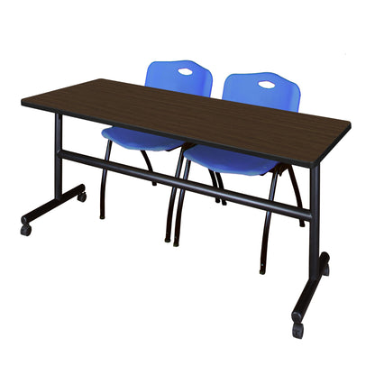 Regency Kobe 72 x 30 in. Flip-Top Training Nesting Table- Neo Walnut, 2 M Stack Chairs- Blue