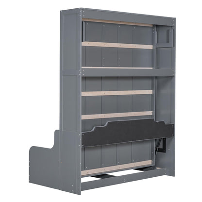 Merax Queen Size Murphy Bed Frame, Modern Wall Bed Can Be Folded into Cabinet, Chair with Cushion, Gray
