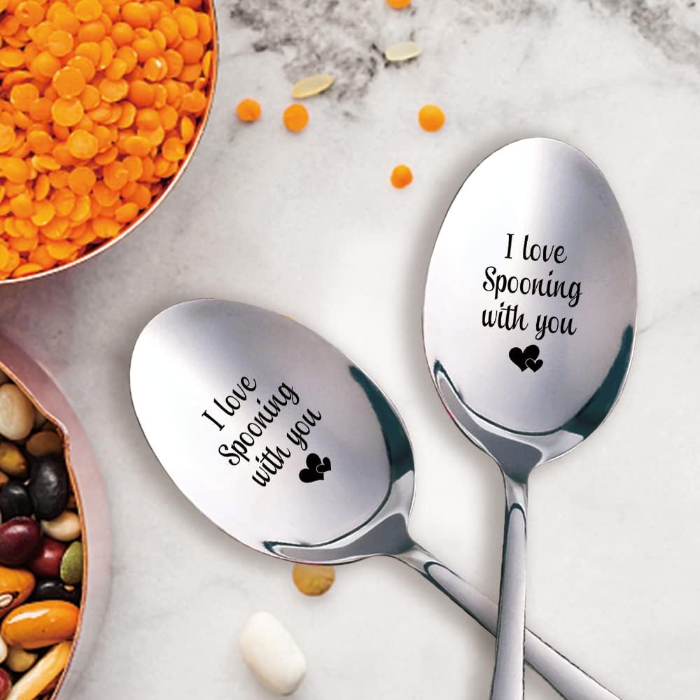 I Love Spooning With You, 2 Pcs Engraved Stainless Spoon Couple Gifts for Wedding Anniversary Valentine