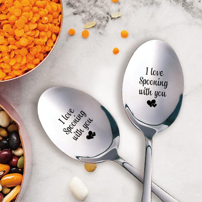 I Love Spooning With You, 2 Pcs Engraved Stainless Spoon Couple Gifts for Wedding Anniversary Valentine