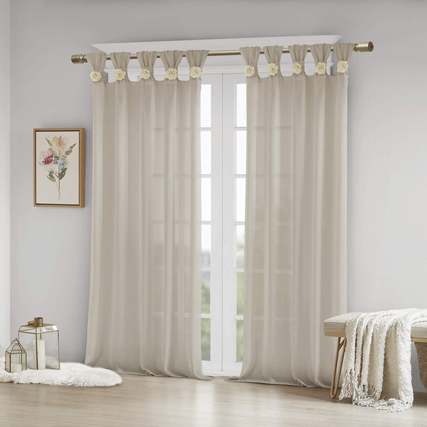 Madison Park Rosette Floral Embellished Cuff Tab Top Solid Sheer Curtain Panel Drape for Bedroom, 50"x84"