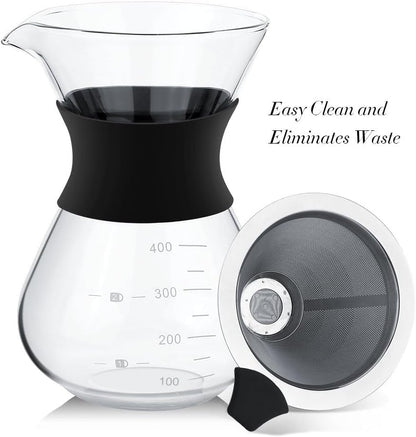 Pour Over Coffee Maker with Stainless Steel Filter, Reusable Glass Coffee Pot Manual Dripper, No Paper Filters