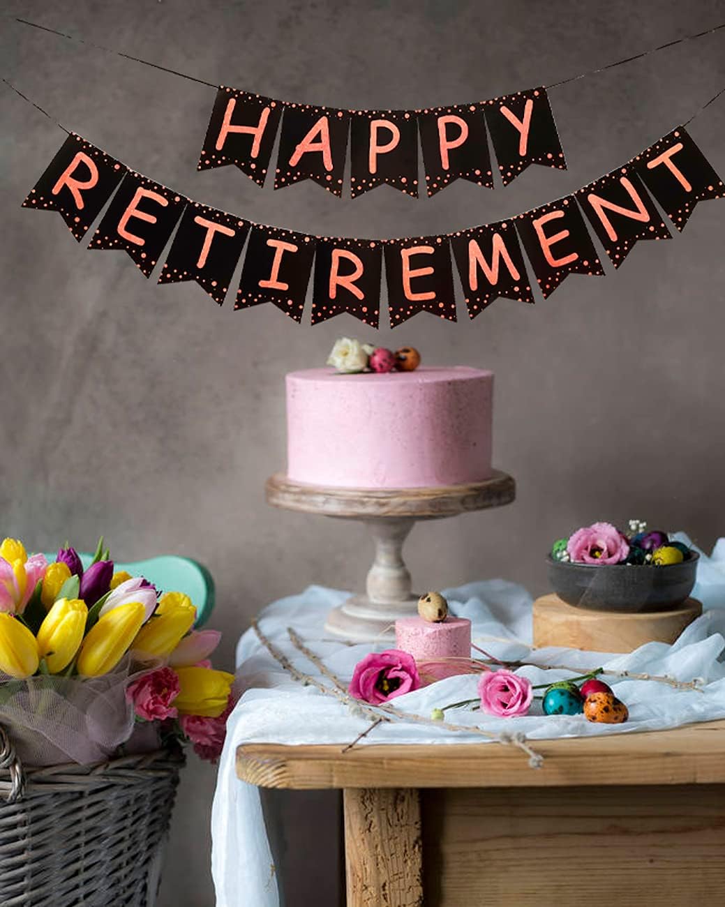 Retirement Party Decorations for Women, Black Rose Gold Happy Retirement Banner and Swirls with Rose Gold Confetti