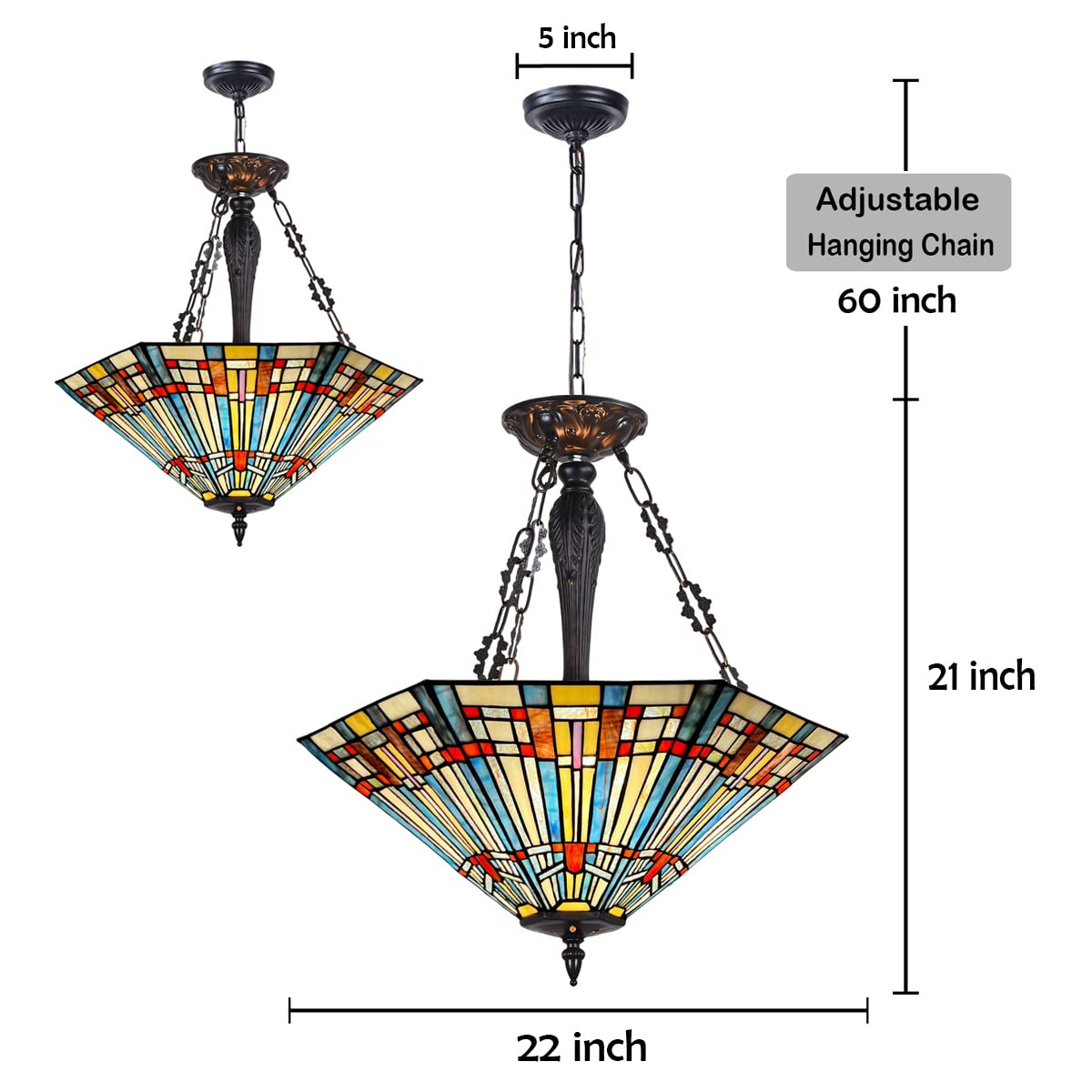 COTOSS Tiffany Pendant Light Fixtures,22" Wide Stained Glass Inverted Ceiling Pendant for Dining Room,Antique Style 3 Lights Hanging Lamp for Living Room Kitchen Entryway