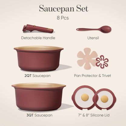 CAROTE 2.0Qt & 3.0Qt Titanium Nonstick Reinforced Sauce Pan Sets with Lid, Non-Stick Saucepans Cookware Set with Pour Spout with Detachable Handle, PFOS, PFOA Free, Induction Comptable, Burgundy
