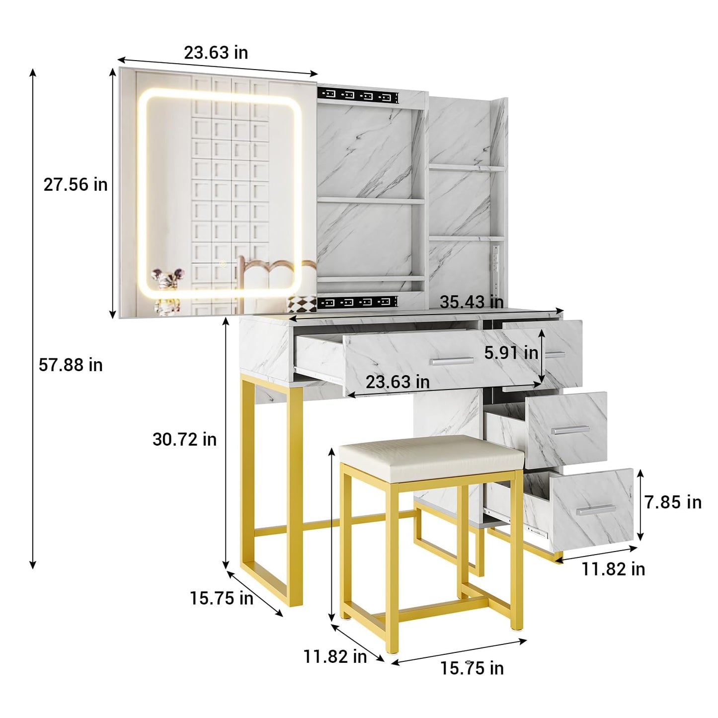 57'' Large Vanity Desk with Mirror & Lights, Makeup Vanity Table with Charging Station, 3 Lighting Modes, Elegant Vanity Set with 4 Drawers and Shelves, Cushioned Stool,Marble White