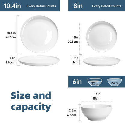 QUANSHANGJU 12-Piece Dinnerware Set for 4, White Porcelain Plates and Bowls, Chip Resistant Dishwasher Microwave Safe
