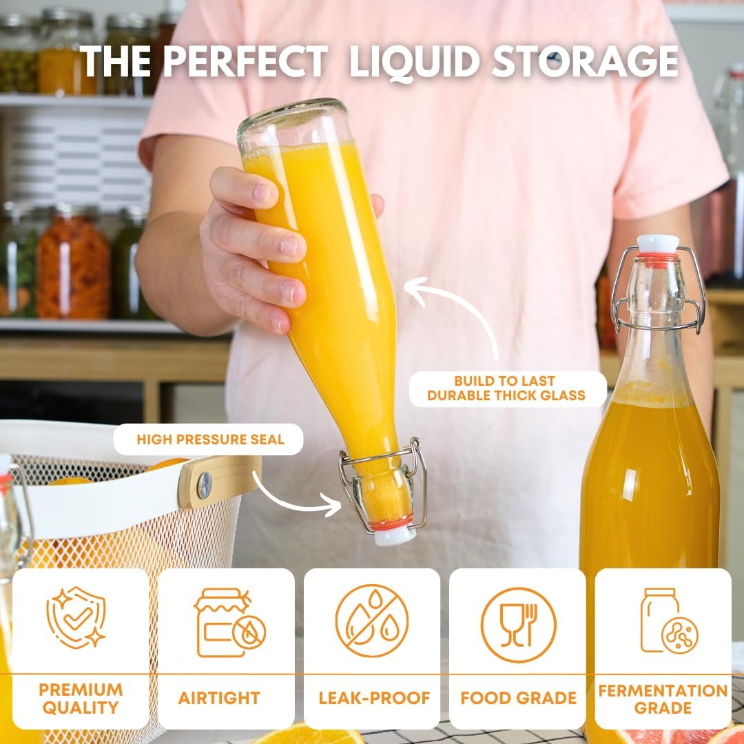FastRack Swing Top Glass Bottles 16 oz (500ml) – 2 Pack | Clear Flip Top Bottles with Airtight Lids | Reusable Glass Containers for Olive Oil, Vinegar, Kombucha, Beer & Fermentation