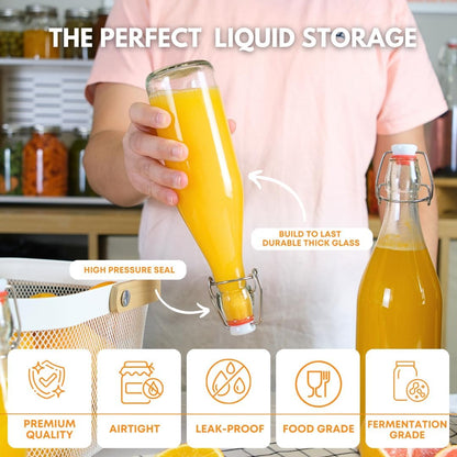 FastRack Swing Top Glass Bottles 16 oz (500ml) – 2 Pack | Clear Flip Top Bottles with Airtight Lids | Reusable Glass Containers for Olive Oil, Vinegar, Kombucha, Beer & Fermentation