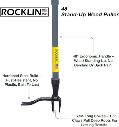 Rocklin™ Stand Up Weed Puller Tool - 4 Claw Steel Head - 48-Inch Metal Handle for Easy Weeding