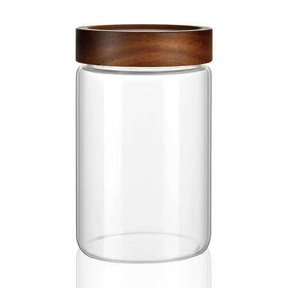 MOLADRI 28 fl oz/850 ml Clear Glass Storage Canister with Airtight Wooden Screw Lid, Medium Cute Decorative Glass Container Jar for Coffee,Candy,Salt,Cookie,Condiment,Pepper,Sugar,Overnight Oatmeal