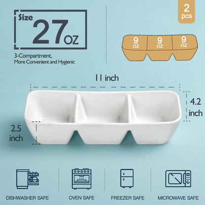 LUFILUFI Ceramic Divided Serving Tray 11 Inch, 3 Compartment White Condiment Tray Set of 2, Stackable Chip and Dip Serving Dish for Entertaining, Appetizer Snack Platter for Party Holiday Game Day