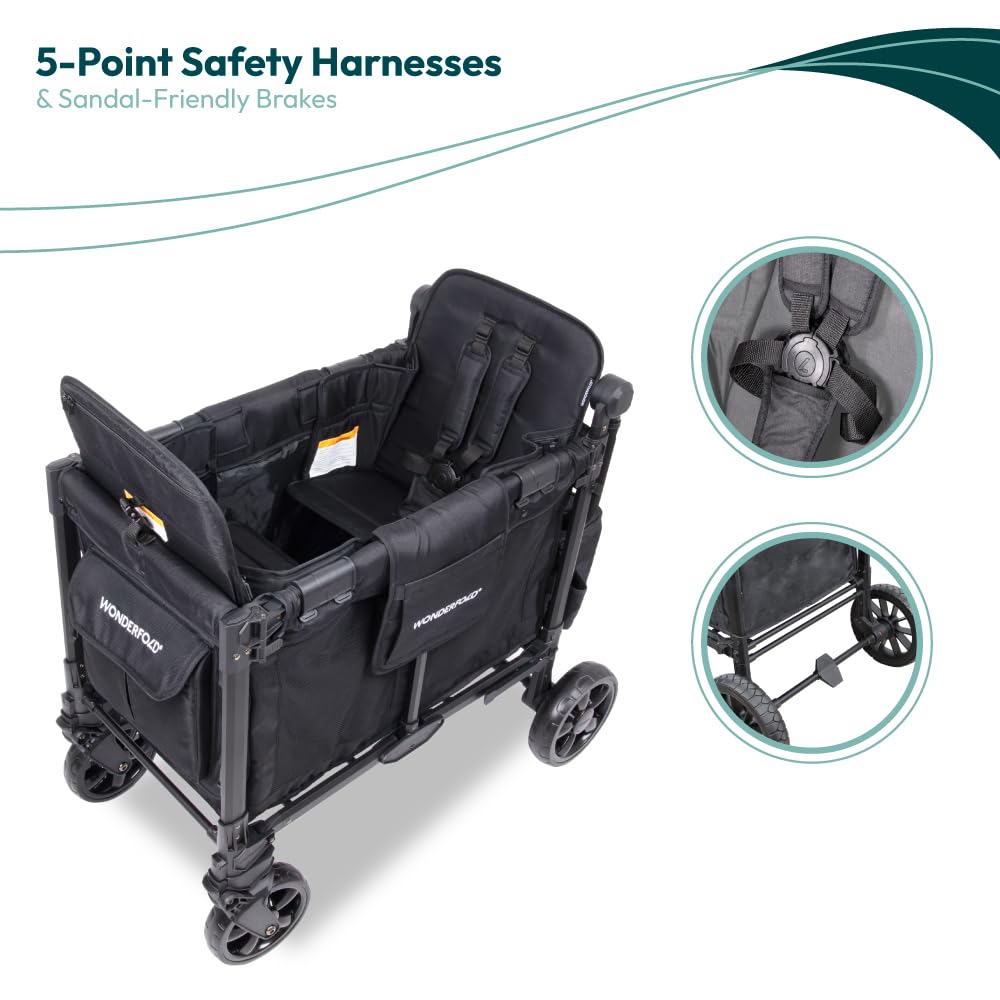 WonderFold W2 Elite Pro Stroller Wagon - Foldable Wagon with Aluminum Frame - Adjustable Canopy & Push Handle - All-Terrain Wheels - for Babies, Toddlers & Kids - 4 Seater - Gray