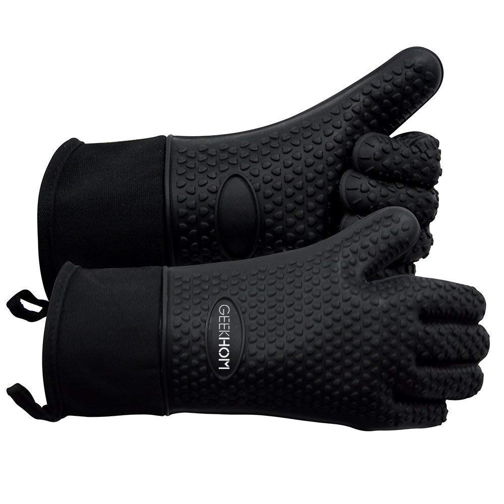 GEEKHOM BBQ Gloves Heat Resistant, 13.7 Inch Long Waterproof Silicone Oven Mitts for Grilling and Smoker, Non-Slip 5 Finger Kitchen Hot Mitts for Baking, Cooking & Cast Iron, Black