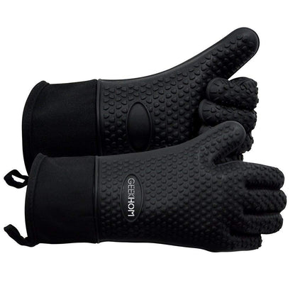 GEEKHOM BBQ Gloves Heat Resistant, 13.7 Inch Long Waterproof Silicone Oven Mitts for Grilling and Smoker, Non-Slip 5 Finger Kitchen Hot Mitts for Baking, Cooking & Cast Iron, Black