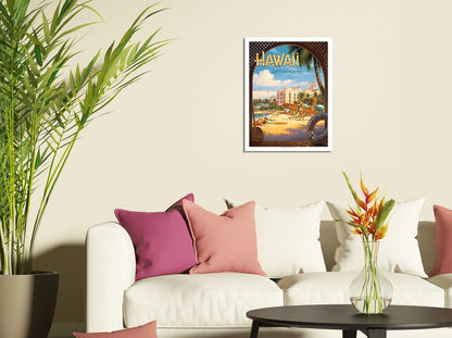 Hawaii Land of Surf & Sunshine - Waikiki Beach - Vintage Hawaiian Travel Poster by Kerne Erickson - Fine Art Matte