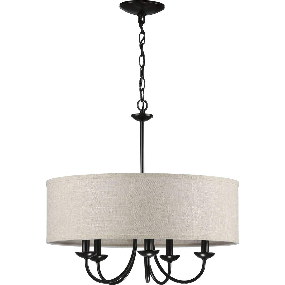 Progress Lighting Drum Shade Collection Five-Light Chandelier, Farmhouse Style Hanging Ceiling Light Fixture for Dining Rooms, Foyers, Harvest Linen Shade, Matte Black