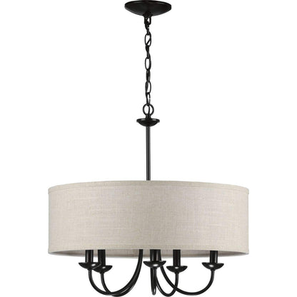 Progress Lighting Drum Shade Collection Five-Light Chandelier, Farmhouse Style Hanging Ceiling Light Fixture for Dining Rooms, Foyers, Harvest Linen Shade, Matte Black