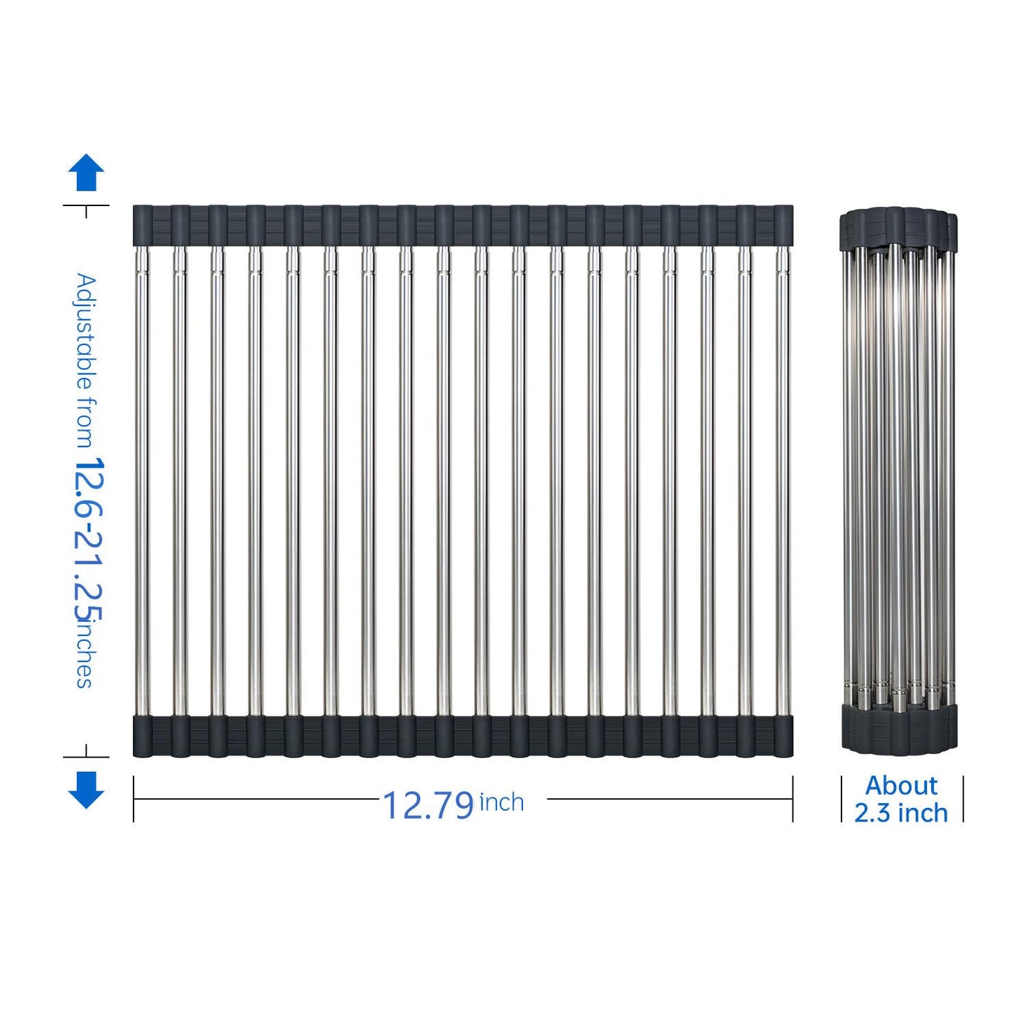 CHIRISEN Expandable Large Roll Up Dish Drying Rack, Foldable Over The Sink Dish Drying Rack, Rolling Dish Drainer Stainless Steel Roll Rack for Kitchen Sink Counter (Black, 21.25x12.79)