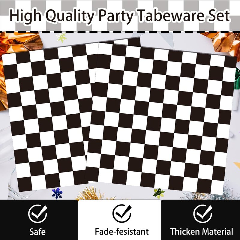 170 Pcs Race Car Birthday Party Decorations Black and White Checkered Plates and Napkins, Checkered Party Supplies Serves 24