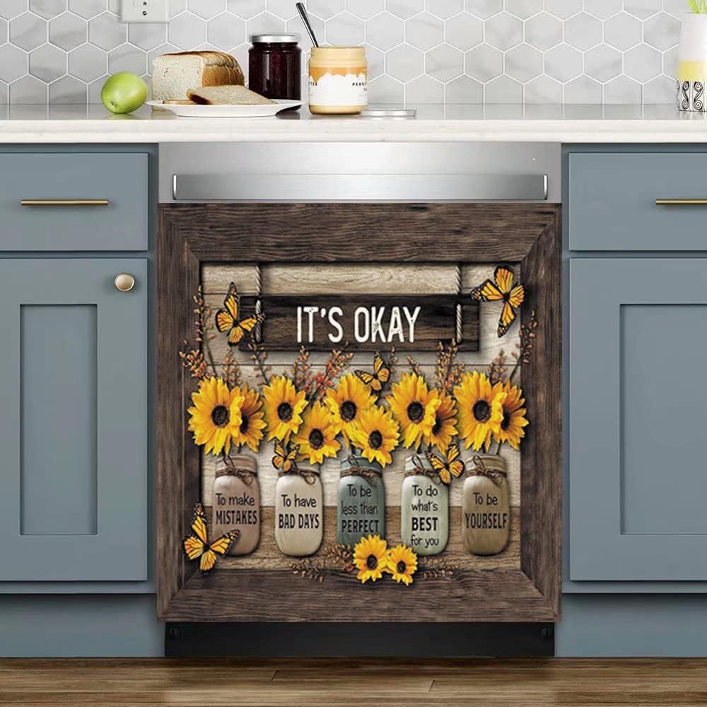 Sunflower Magnetic Dishwasher Cover - Butterfly Dishwasher Magnet, Kitchen Faith Flowers Panel Decal