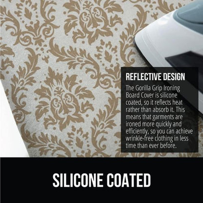GORILLA GRIP The Original Ironing Board Cover and Pad, Silicone Coating, 400°F Scorch Resistant Thick Padding, Heavy Duty Iron Covers Standard Boards, Hook and Loop Fastener Strap, Damask 15x54