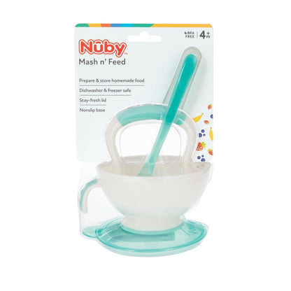 Nuby Garden Fresh Mash N' Feed Bowl with Spoon and Food Masher, Colors May Vary