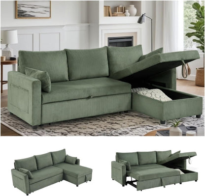 Trygoal Queen Sleeper Sofa, Convertible Sofa Bed with Storage, 85 Inch Sectional Couch with Pull Out Bed, L Shaped 3 Seat Sectional Sleeper Sofa for Living Room, Apartment, Green