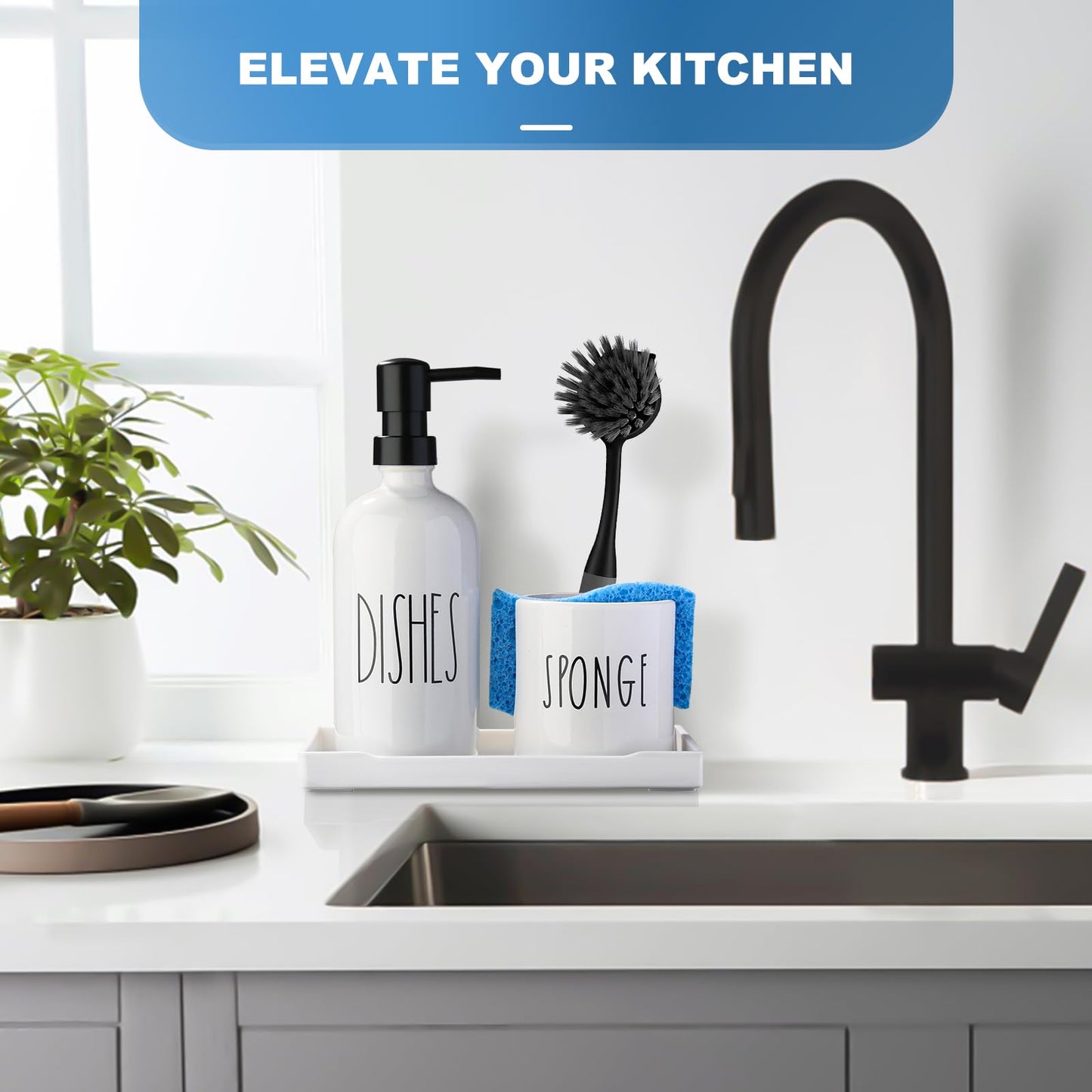 ALPIRIRAL Dish Soap Dispenser for Kitchen, Ceramic Dish Soap Dispenser with Sponge Holder, White Dispenser Set with Tray, 3 in 1 Countertop Sink Organizer, Farmhouse Modern Kitchen Decor