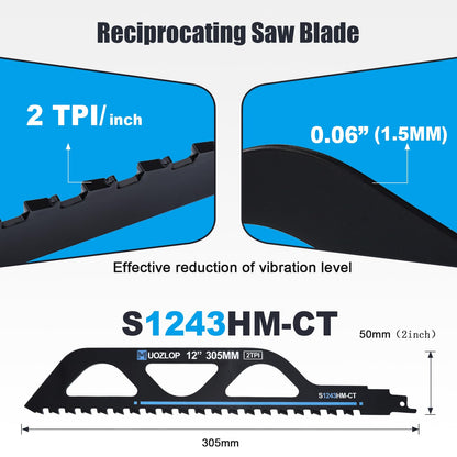 MUOZLOP 12 inch Masonry Reciprocating Saw Blades,2TPI Carbide Blade Strong teeths for Cutting Brick, Cement, Porous Concrete，3 Pack (3, 12 inch)
