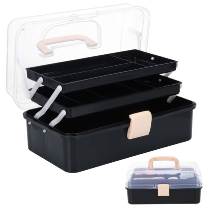 Craft Organizers, Tackle Box 3-Layer Portable Folding Toolbox, Plastic Tool Box with Handle for Sewing Supplies, Medicine, Art Supplies, Nails and Hair Accessories 12.5inch Black