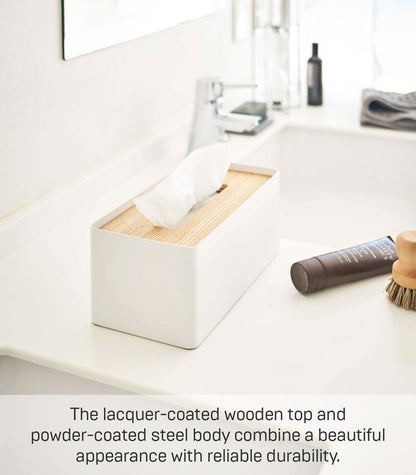 Yamazaki Home Rin Reusable Tissue Box Cover Metal Holder Container Case with Natural Wooden Lid - Steel