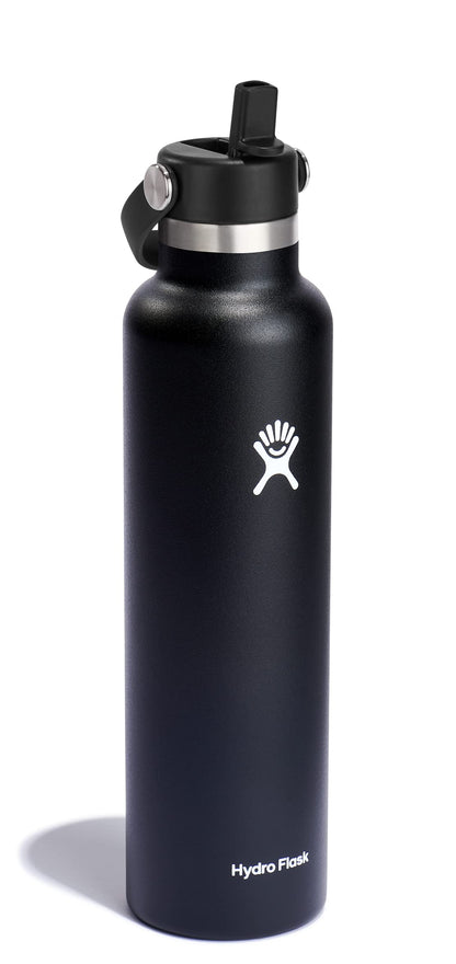 Hydro Flask Water Bottle - Insulated Stainless Steel - Straw Lid, Non Spill, Leakproof 24 Oz Black