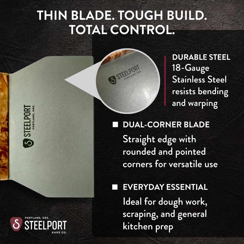 Steelport Bench Scraper | USA Made Dual Edge Stainless Steel Dough Cutter | 18-Gauge Steel Blade, Tapered Maple Burl Handle | Kitchen Gadgets for Bakers, Professionals, Home Cooks | Gift for Bakers