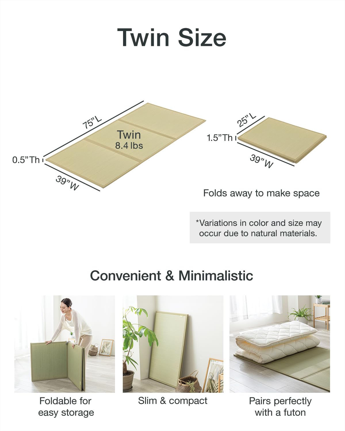 FULI Japanese Tatami Mattress, Foldable Igusa Rush Grass Tatami Rug, Natural Japanese Floor Mattress Mat Made in Japan, Twin