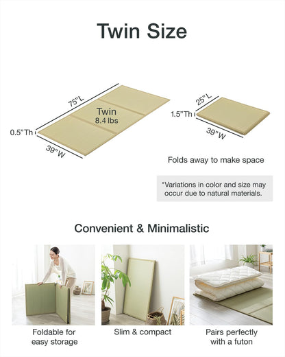 FULI Japanese Tatami Mattress, Foldable Igusa Rush Grass Tatami Rug, Natural Japanese Floor Mattress Mat Made in Japan, Twin