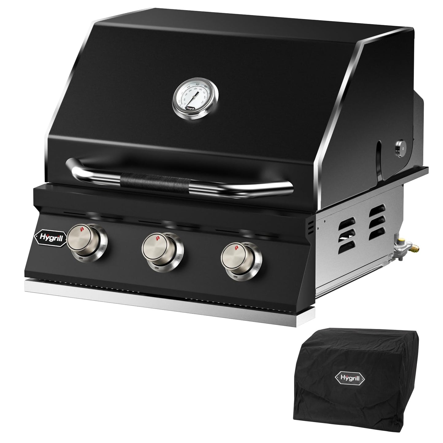 Hygrill STD Series Heavy Duty 3-Burner Built In Grill for Natural Gas, Stainless Steel Outdoor Kitchen Grill Head, Black
