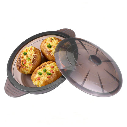 Microwave Steamer Cooker Collapsible Bowl Silicone Baked Potato Cookware with Handle Lid for Vegetables Fish Prep Meal Food with Removable Rack BPA Free Easy to Store Freezer Dishwasher Safe Black