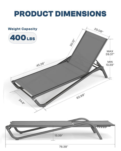 Patio Kingdom Patio Chaise Lounge Chairs Set of 6, All-Weather Aluminum Pool Loungers for Outside, 5-Position Adjustable Sunbathing Chairs for Tanning, Stackable for Backyard, Poolside, Grey